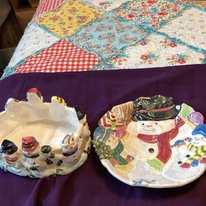 Dolgencorp ceramic snowman circle dish candle holder and Snowman Cookie Dish